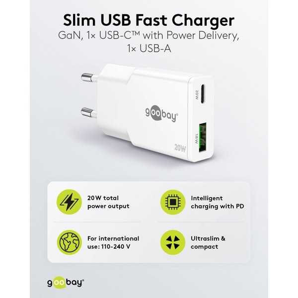20 W USB-C PD GaN -kaksoispikalaturi, ohut, valkoinen