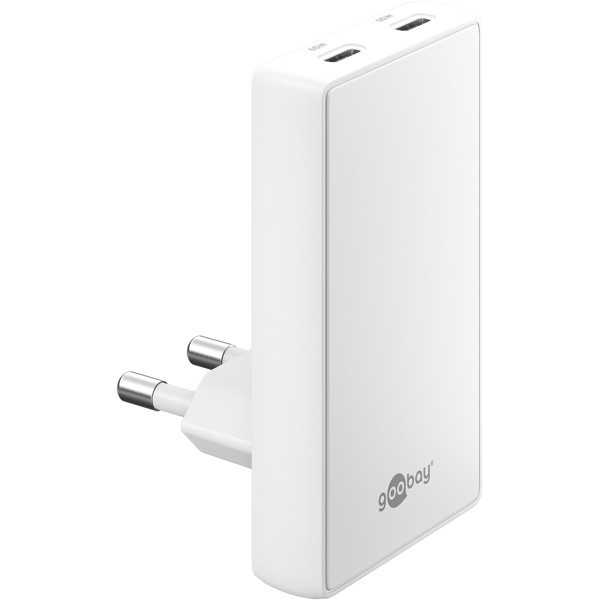 65 W USB-C PD GaN -kaksoispikalaturi 90° litteä valkoinen