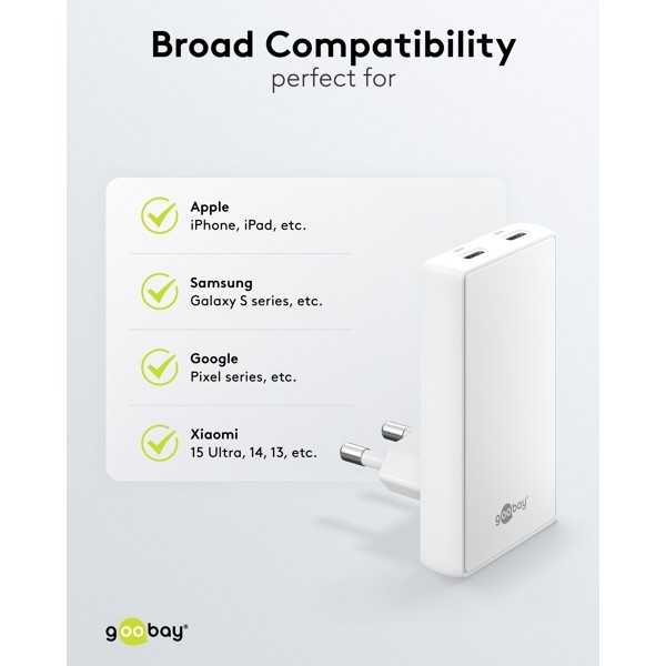 65 W USB-C PD GaN -kaksoispikalaturi 90° litteä valkoinen