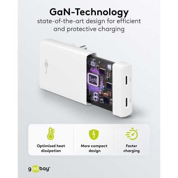 65 W USB-C PD GaN -kaksoispikalaturi 90° litteä valkoinen