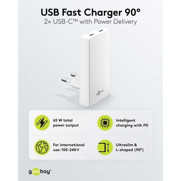 65 W USB-C PD GaN -kaksoispikalaturi 90° litteä valkoinen