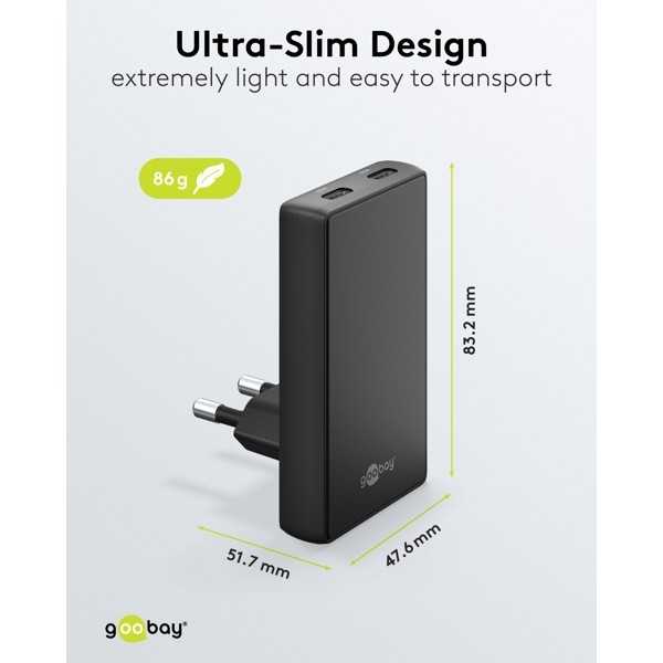 65 W USB-C PD GaN -kaksoispikalaturi 90° litteä musta