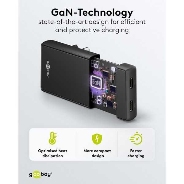 65 W USB-C PD GaN -kaksoispikalaturi 90° litteä musta