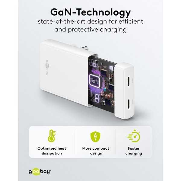 45 W USB-C PD GaN -kaksoispikalaturi 90° litteä valkoinen
