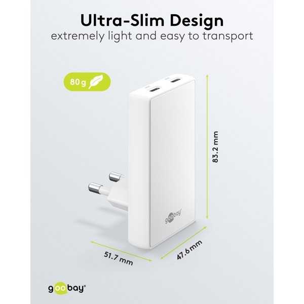 45 W USB-C PD GaN -kaksoispikalaturi 90° litteä valkoinen