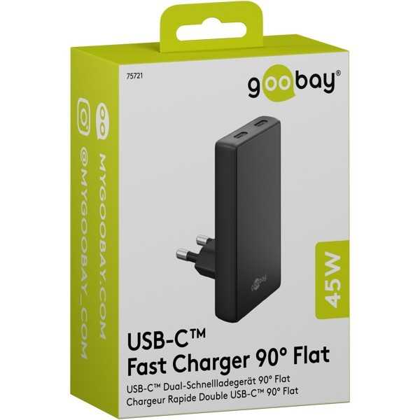 45 W USB-C PD GaN -kaksoispikalaturi 90° litteä musta