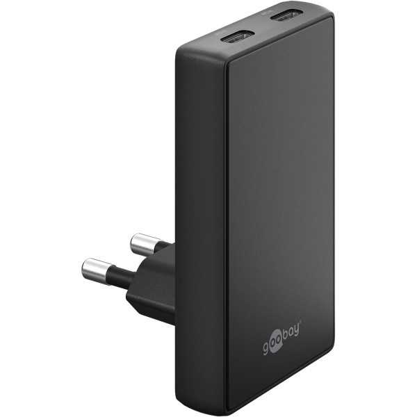 45 W USB-C PD GaN -kaksoispikalaturi 90° litteä musta