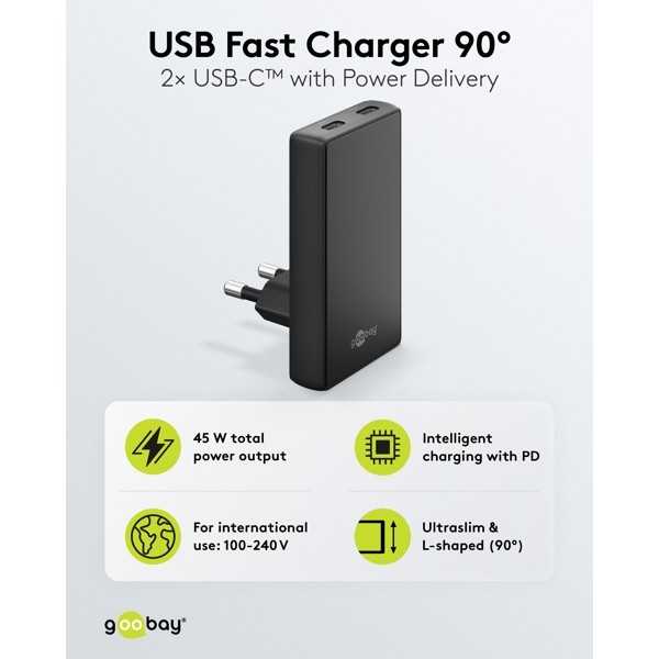 45 W USB-C PD GaN -kaksoispikalaturi 90° litteä musta
