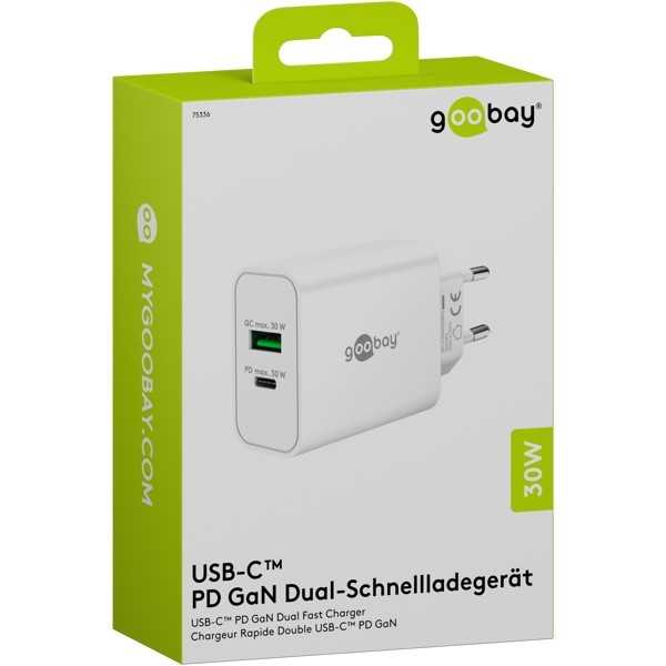 30 W USB-C PD GaN -kaksoispikalaturi, valkoinen