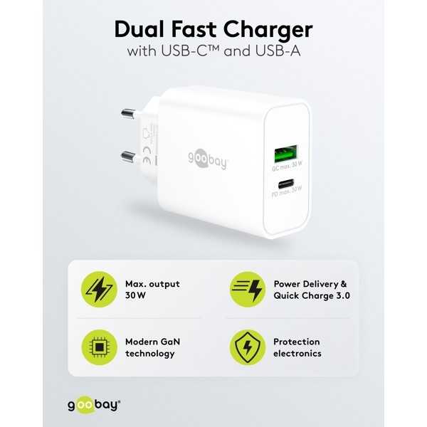 30 W USB-C PD GaN -kaksoispikalaturi, valkoinen