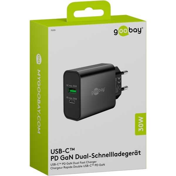 30 W USB-C PD GaN -kaksoispikalaturi, musta