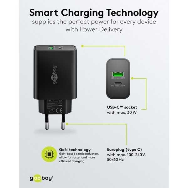 30 W USB-C PD GaN -kaksoispikalaturi, musta