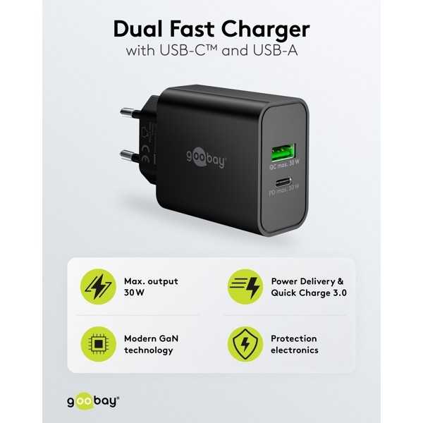 30 W USB-C PD GaN -kaksoispikalaturi, musta