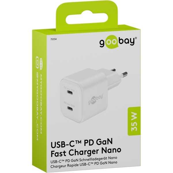 35 W USB-C PD GaN -kaksoispikalaturi, nano, valkoinen