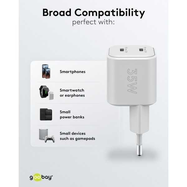 35 W USB-C PD GaN -kaksoispikalaturi, nano, valkoinen