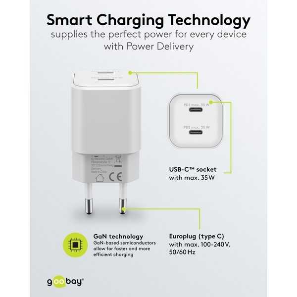 35 W USB-C PD GaN -kaksoispikalaturi, nano, valkoinen