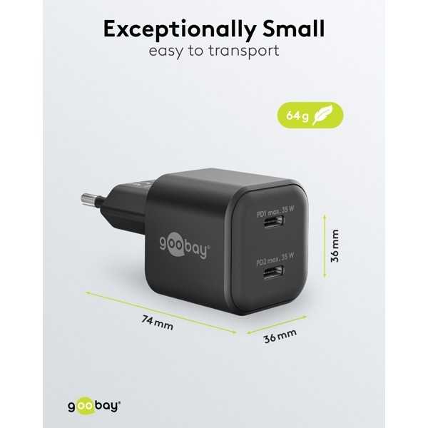 35 W USB-C PD GaN -kaksoispikalaturi, musta
