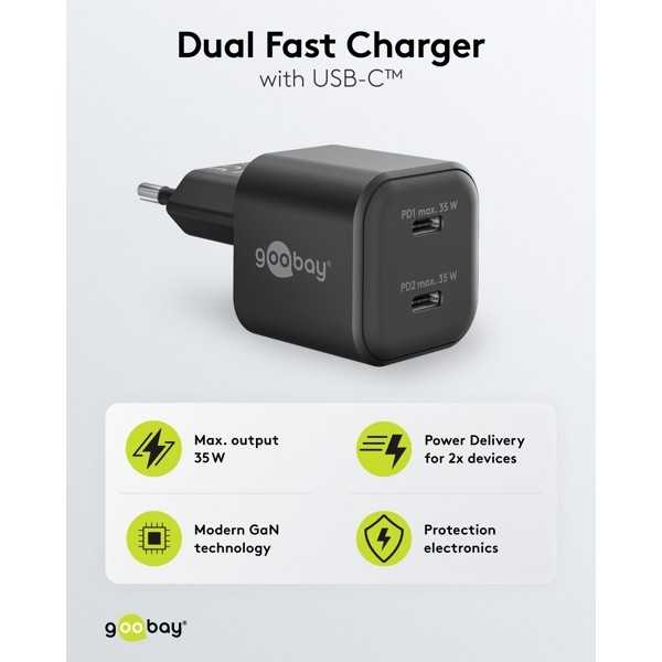35 W USB-C PD GaN -kaksoispikalaturi, musta