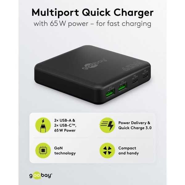 65 W USB-C PD GaN -moniporttipöytälaturi, musta