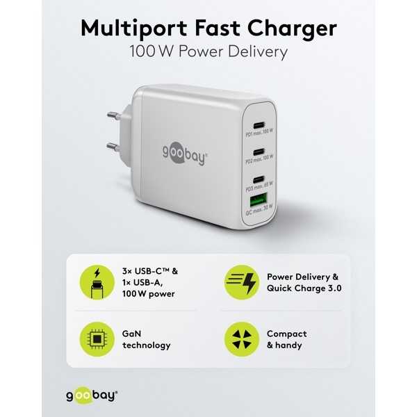 100 W USB-C PD GaN -moniporttipikalaturi, valkoinen