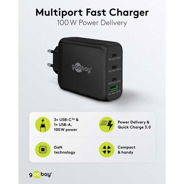 100 W USB-C PD GaN -moniporttipikalaturi, musta