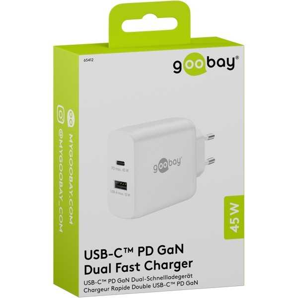 45 W USB-C PD GaN -kaksoispikalaturi, valkoinen