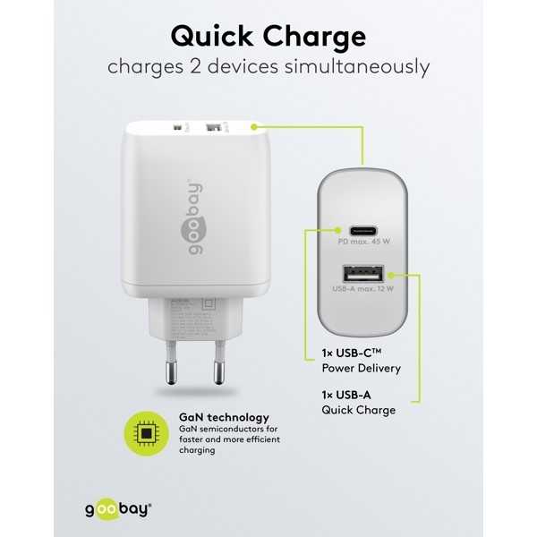 45 W USB-C PD GaN -kaksoispikalaturi, valkoinen