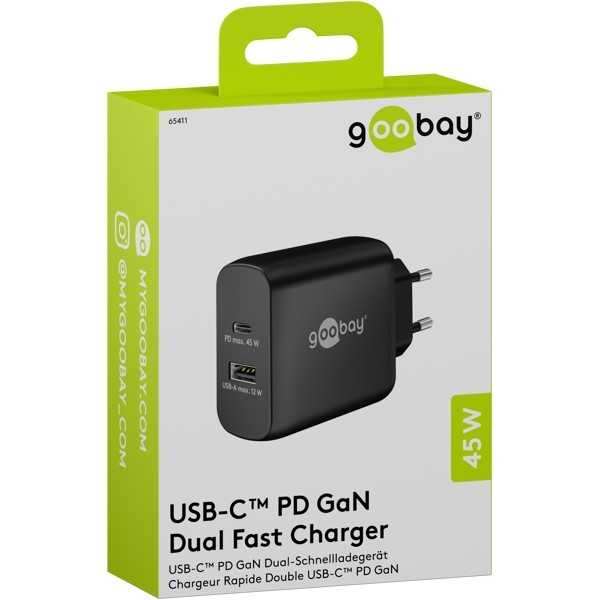 45 W USB-C PD GaN -kaksoispikalaturi, musta