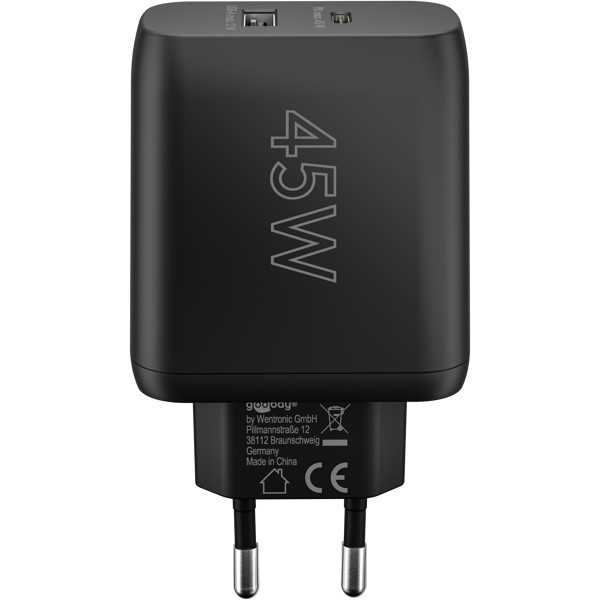 45 W USB-C PD GaN -kaksoispikalaturi, musta