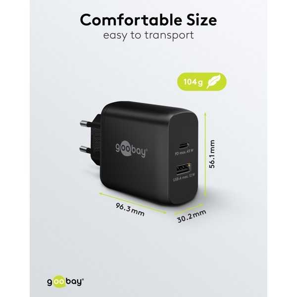 45 W USB-C PD GaN -kaksoispikalaturi, musta