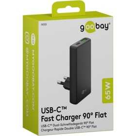 65 W USB-C PD GaN -kaksoispikalaturi 90° litteä musta
