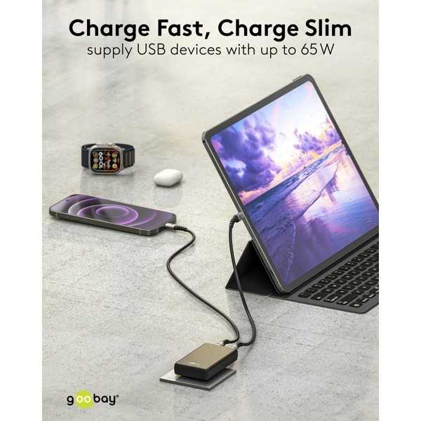 65 W USB-C PD GaN -kaksoispikalaturi 90° litteä musta