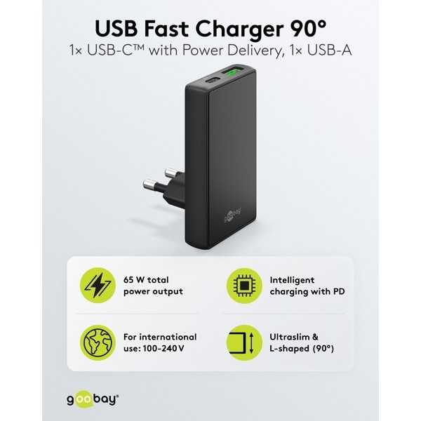 65 W USB-C PD GaN -kaksoispikalaturi 90° litteä musta