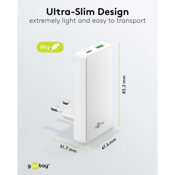 45 W USB-C PD GaN -kaksoispikalaturi 90° litteä valkoinen