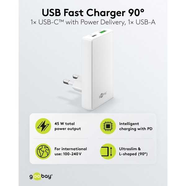 45 W USB-C PD GaN -kaksoispikalaturi 90° litteä valkoinen
