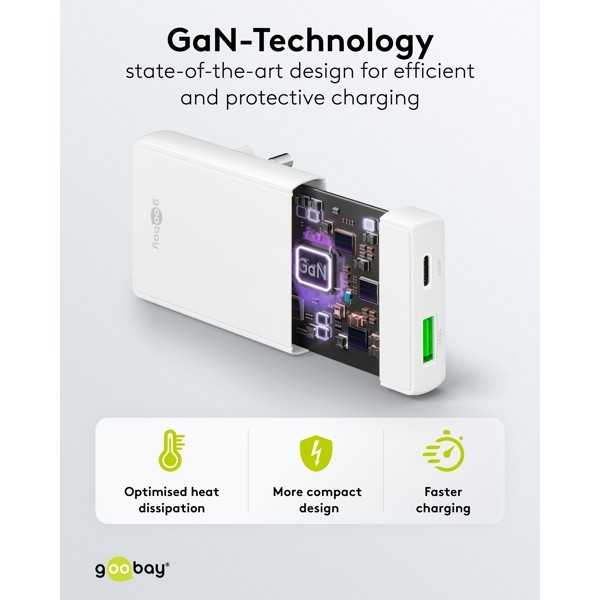 45 W USB-C PD GaN -kaksoispikalaturi 90° litteä valkoinen
