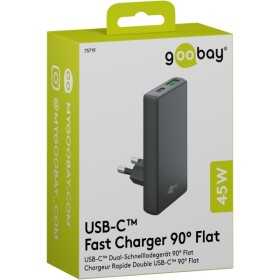45 W USB-C PD GaN -kaksoispikalaturi 90° litteä musta