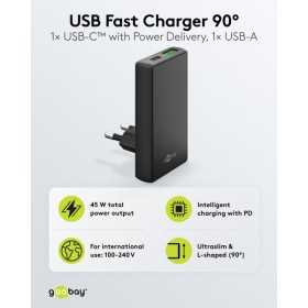 45 W USB-C PD GaN -kaksoispikalaturi 90° litteä musta