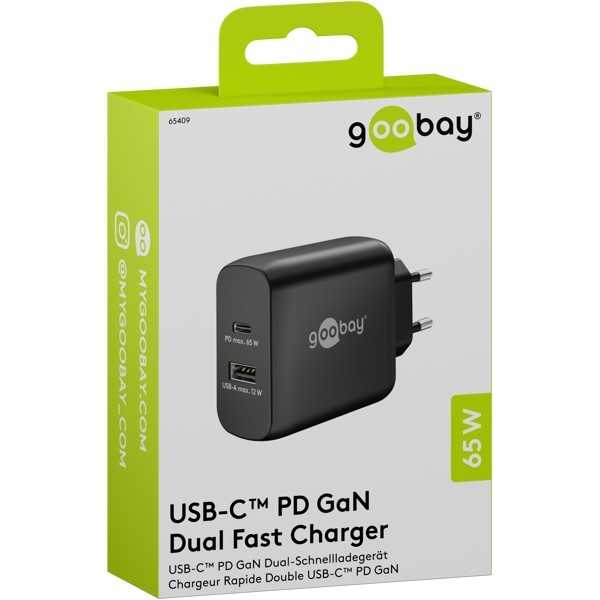 65 W USB-C PD GaN -kaksoispikalaturi, musta