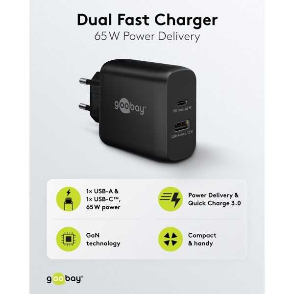 65 W USB-C PD GaN -kaksoispikalaturi, musta