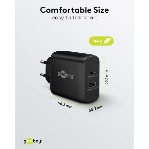 65 W USB-C PD GaN -kaksoispikalaturi, musta