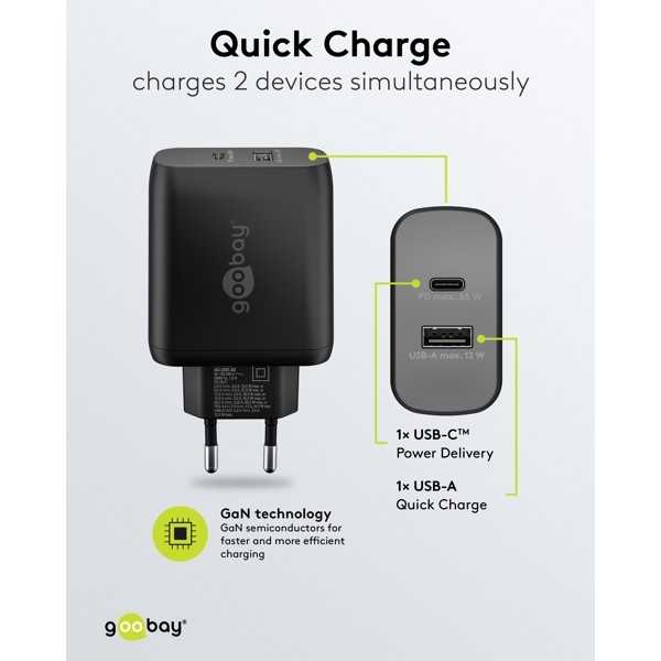 65 W USB-C PD GaN -kaksoispikalaturi, musta