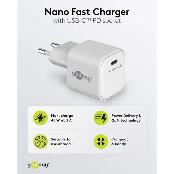 45 W USB-C PD GaN -pikalaturi Nano, valkoinen