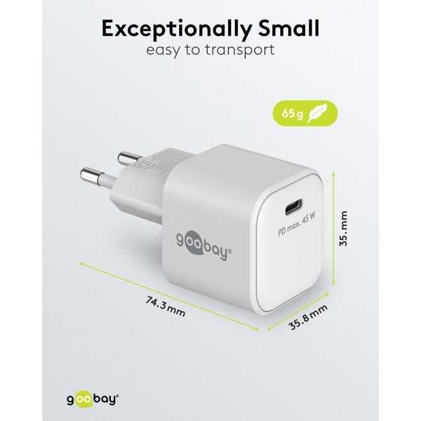 45 W USB-C PD GaN -pikalaturi Nano, valkoinen