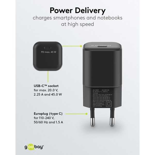 45 W USB-C PD GaN -pikalaturi Nano, musta
