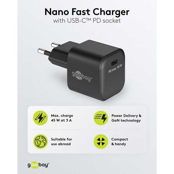 45 W USB-C PD GaN -pikalaturi Nano, musta