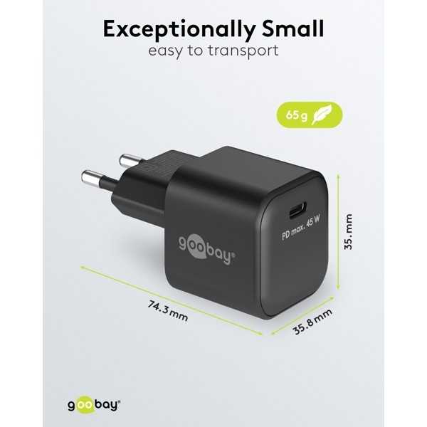45 W USB-C PD GaN -pikalaturi Nano, musta