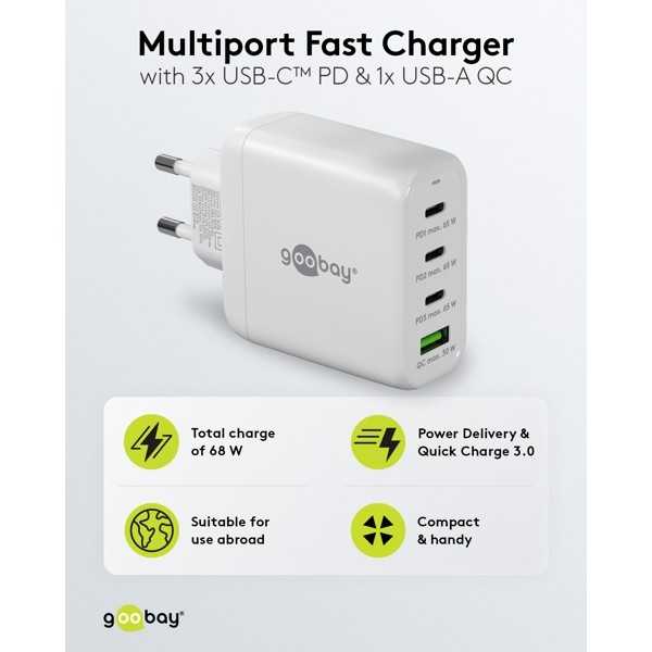 68 W USB-C PD GaN -moniporttipikalaturi, valkoinen