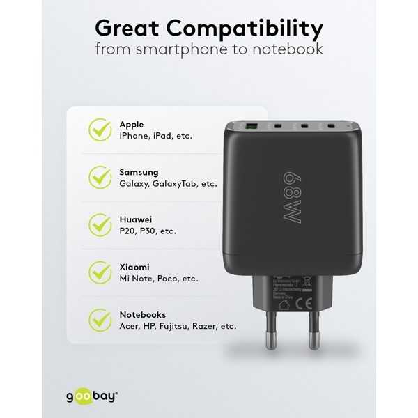 68 W USB-C PD GaN -moniporttipikalaturi, musta