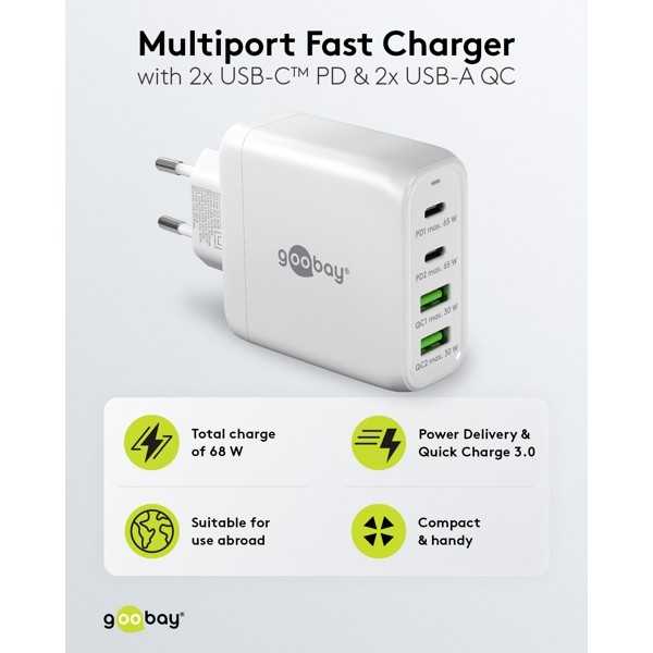 68 W USB-C PD GaN -moniporttipikalaturi, valkoinen